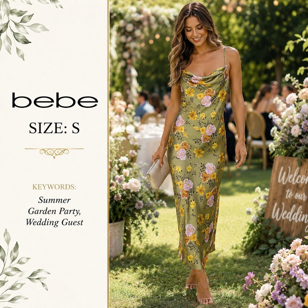 NEW Bebe Floral Slip Dress Women S Olive Green Yellow Flower Cowl Midi Fairycore